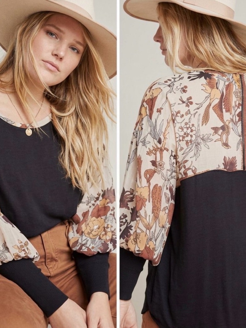Tiny by Anthropologie Boho-Floral/Black Women's Top with Puff Sleeves, Small